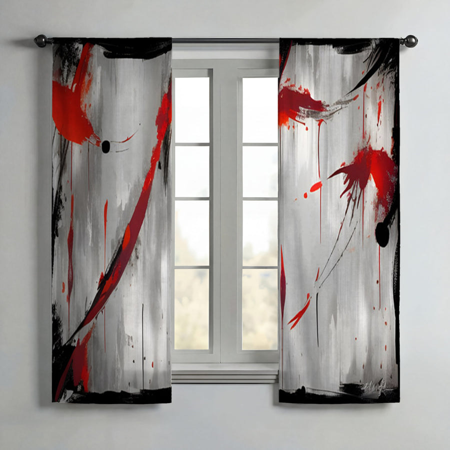 Red Abstract Brushstroke Texture Pattern Window Curtains