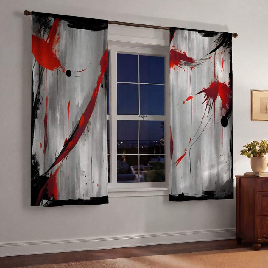 Red Abstract Brushstroke Texture Pattern Window Curtains