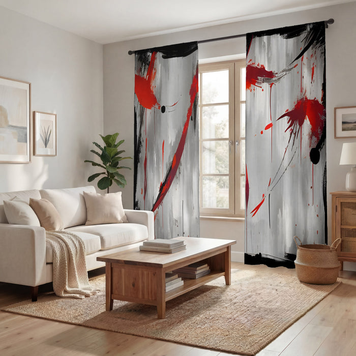 Red Abstract Brushstroke Texture Pattern Window Curtains