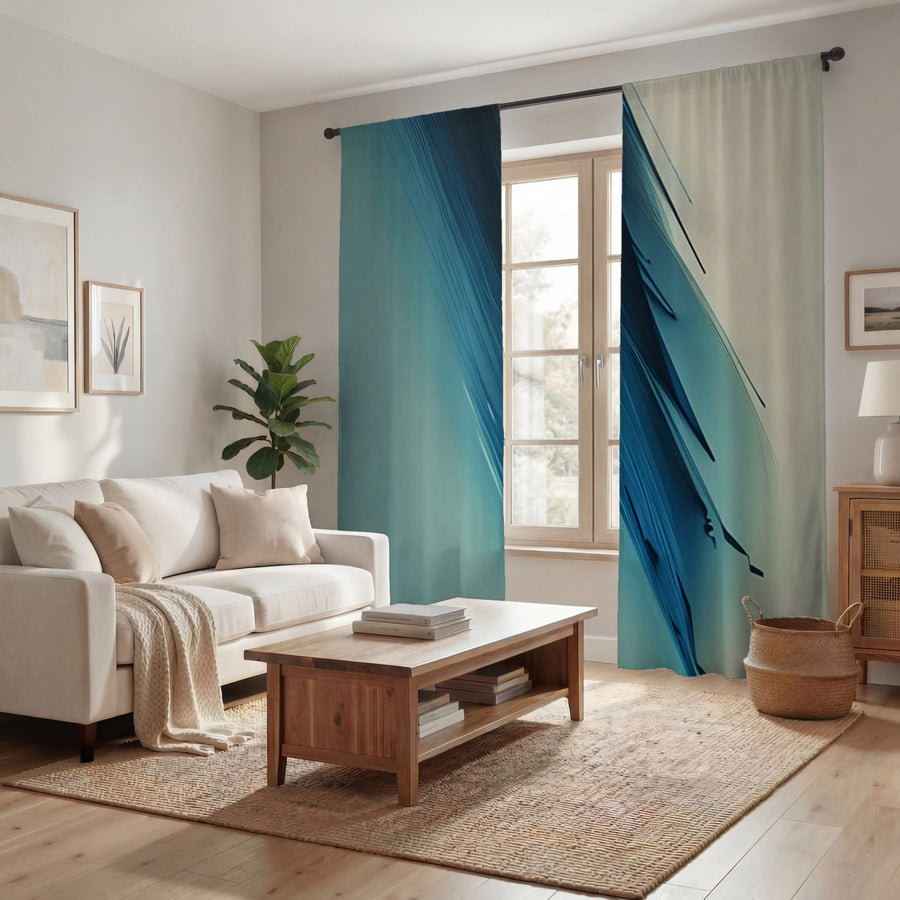 Blue Diagonal Brushstroke Abstract Pattern Window Curtains