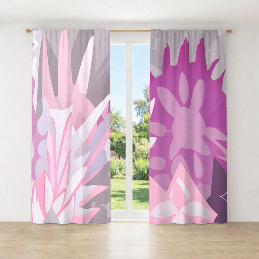 Pink Layered Floral Abstract Pattern Window Curtains