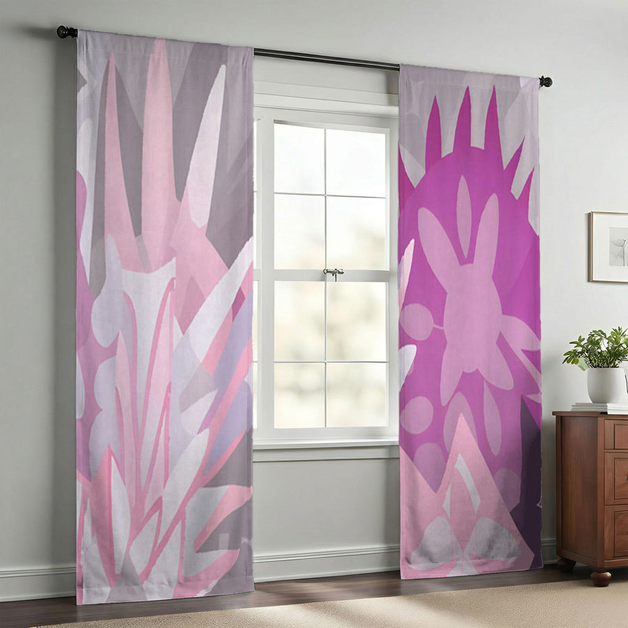 Pink Layered Floral Abstract Pattern Window Curtains