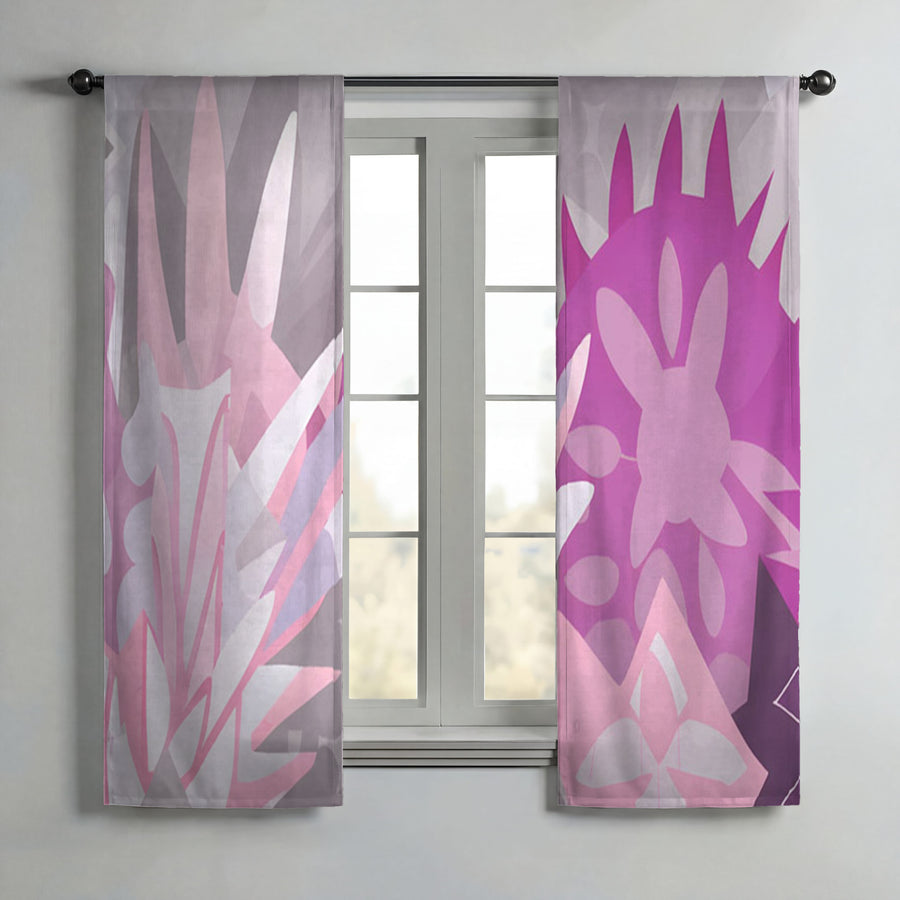 Pink Layered Floral Abstract Pattern Window Curtains