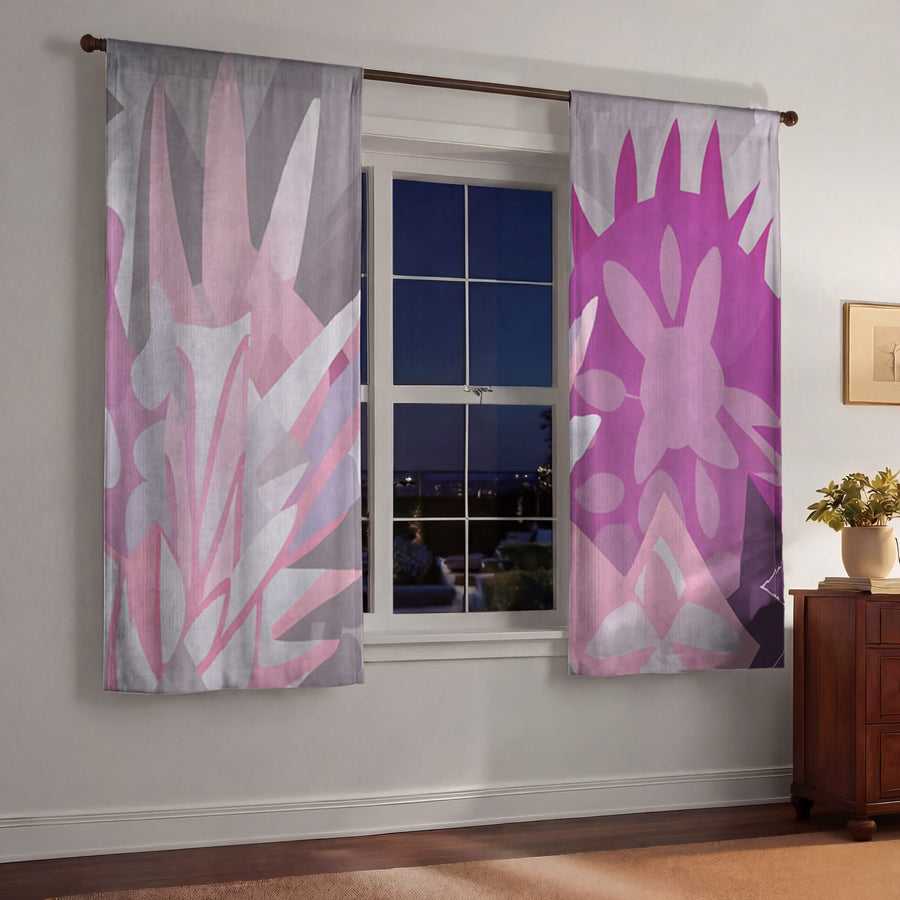 Pink Layered Floral Abstract Pattern Window Curtains