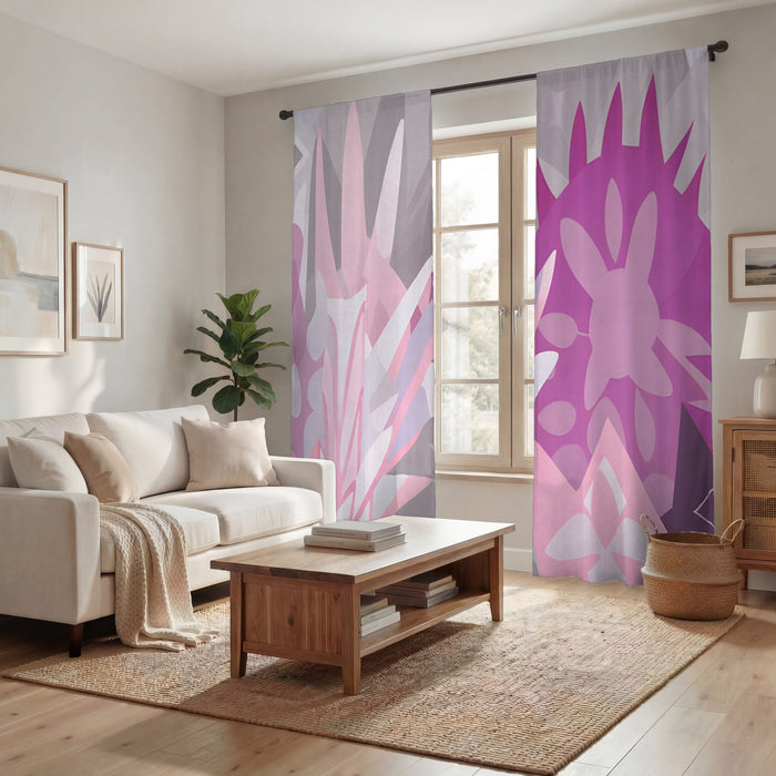 Pink Layered Floral Abstract Pattern Window Curtains