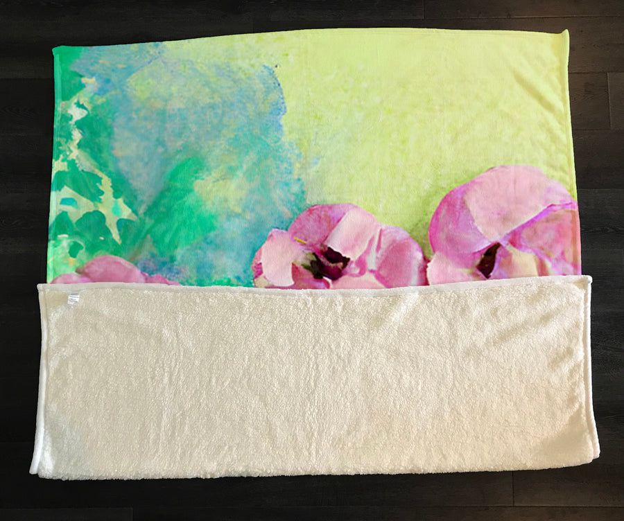 Pink Floral Botanical Artwork Fleece Sherpa Blanket