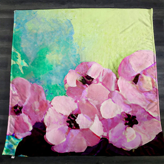 Pink Floral Botanical Artwork Fleece Sherpa Blanket