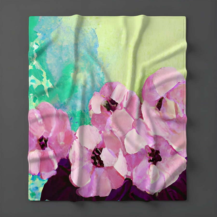 Pink Floral Botanical Artwork Fleece Sherpa Blanket