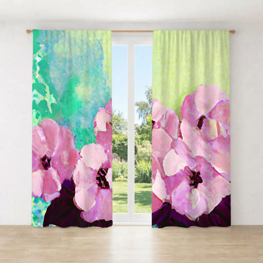 Pink Floral Botanical Artwork Window Curtains