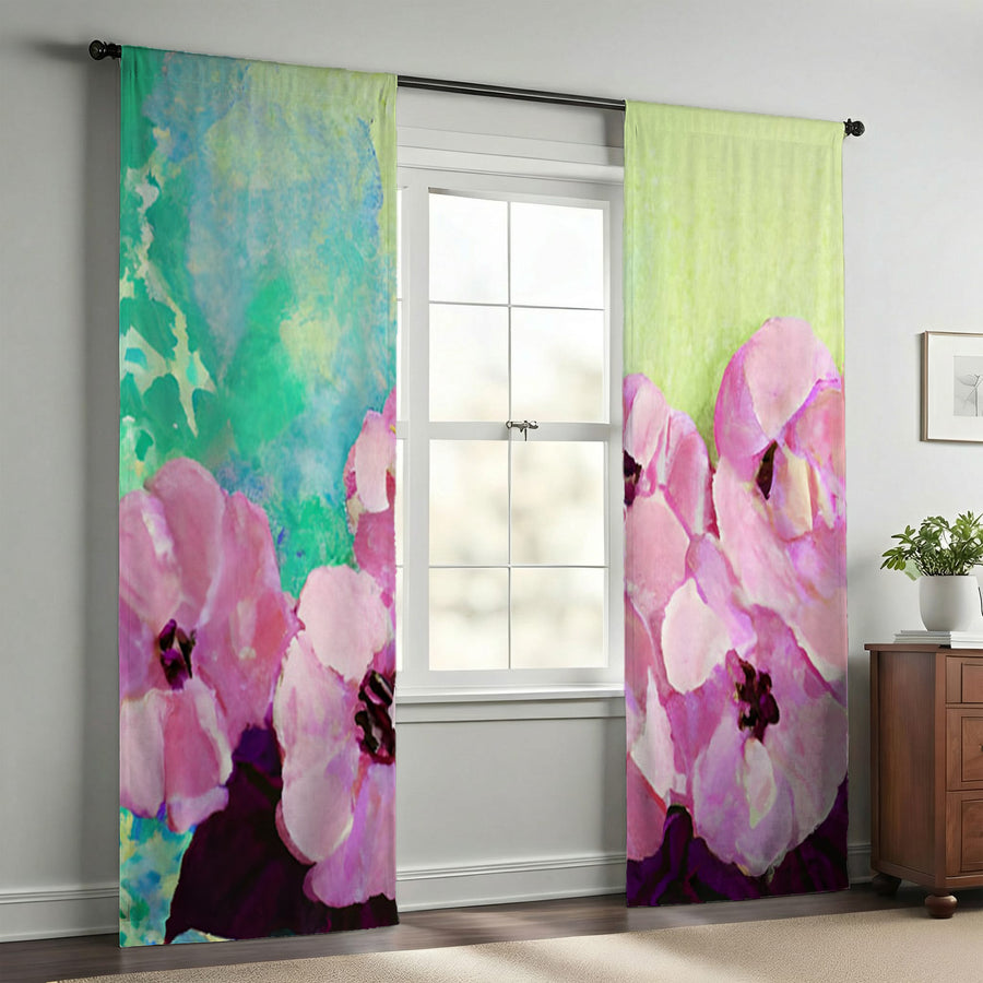 Pink Floral Botanical Artwork Window Curtains
