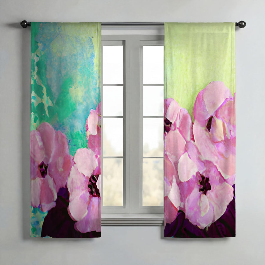 Pink Floral Botanical Artwork Window Curtains