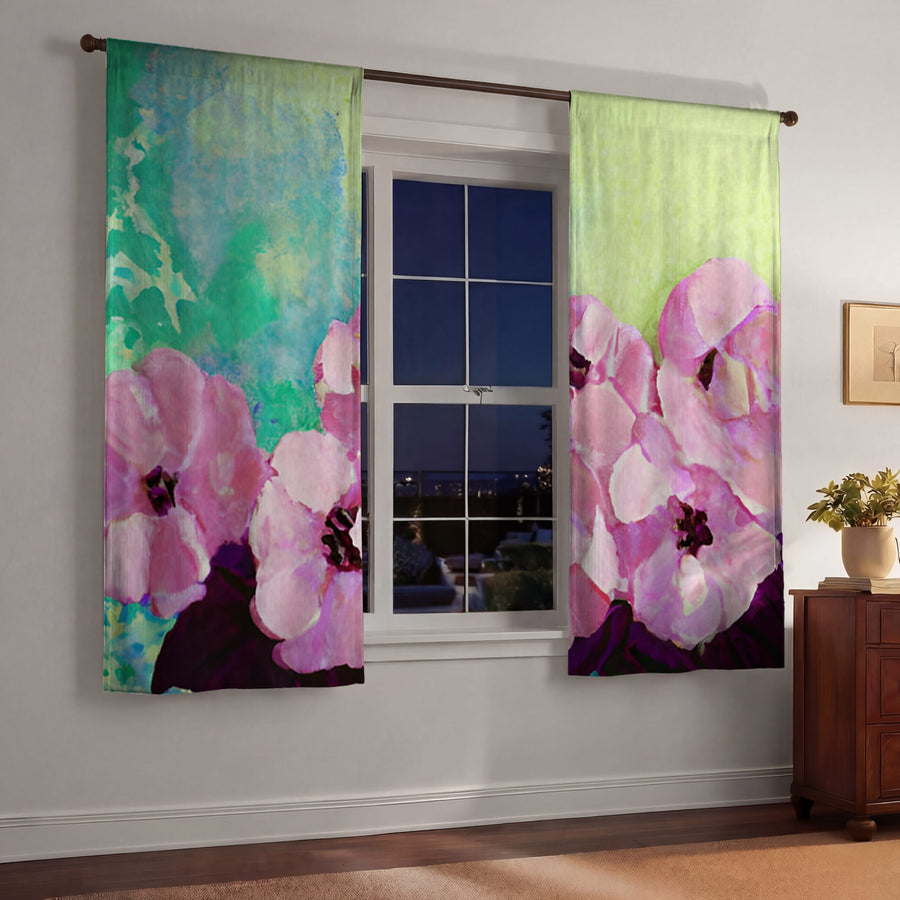 Pink Floral Botanical Artwork Window Curtains