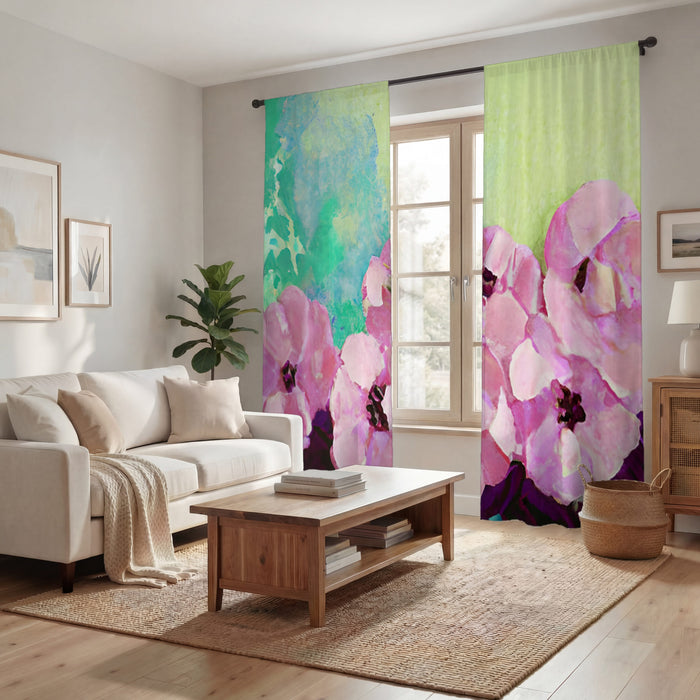 Pink Floral Botanical Artwork Window Curtains