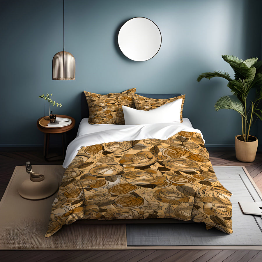 Gold Rose Floral Pattern Duvet Cover