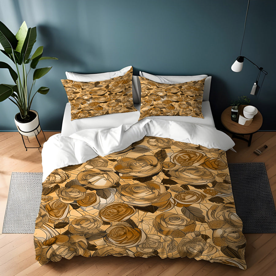 Gold Rose Floral Pattern Duvet Cover