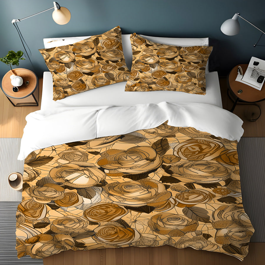 Gold Rose Floral Pattern Duvet Cover