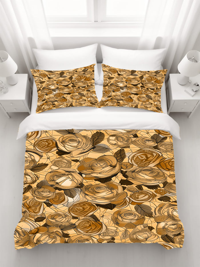 Gold Rose Floral Pattern Duvet Cover