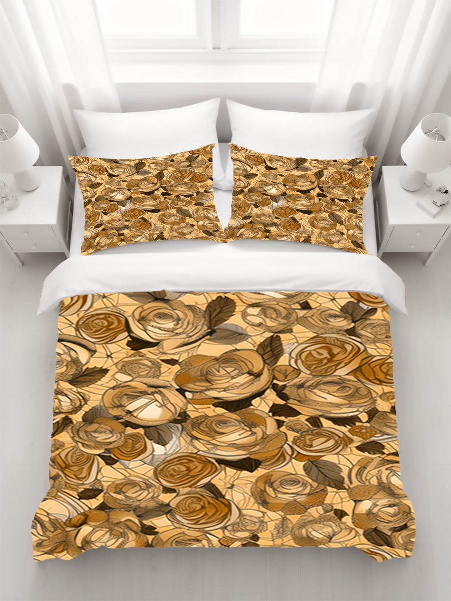 Gold Rose Floral Pattern Duvet Cover