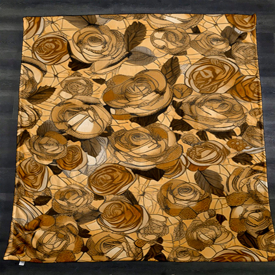 Gold Rose Floral Pattern Fleece Sherpa Blanket