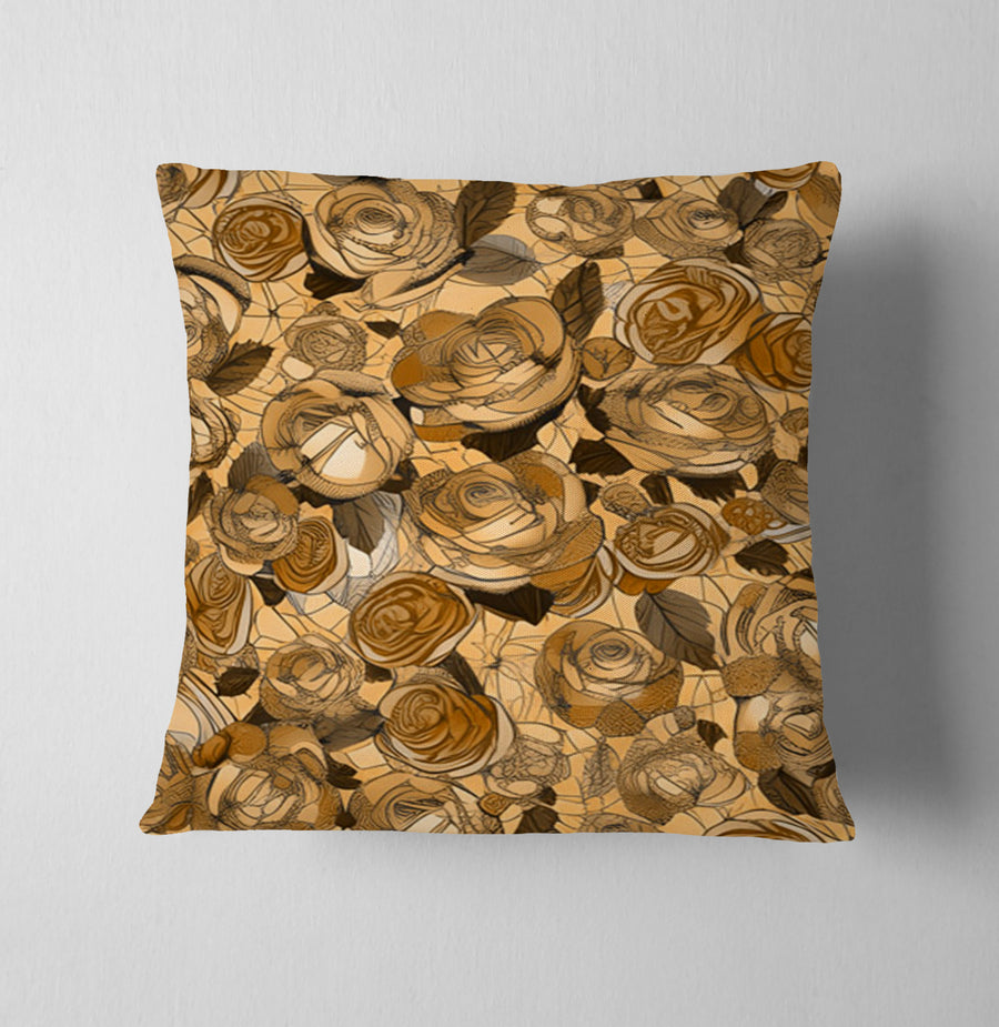 Gold Rose Floral Pattern Throw Pillow Cover