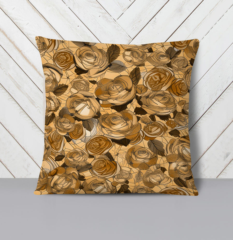 Gold Rose Floral Pattern Throw Pillow Cover