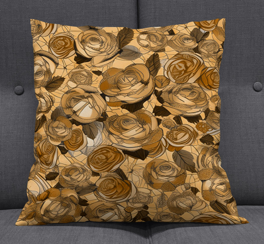 Gold Rose Floral Pattern Throw Pillow Cover