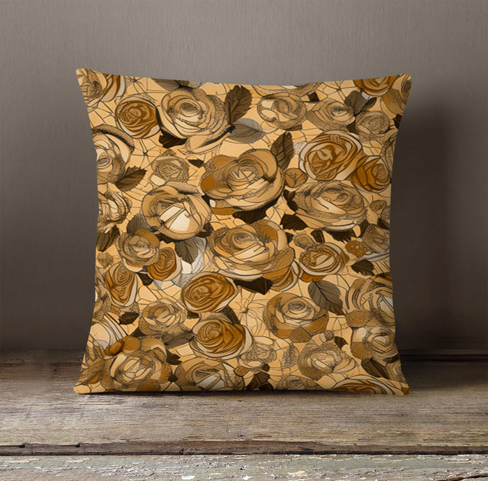 Gold Rose Floral Pattern Throw Pillow Cover