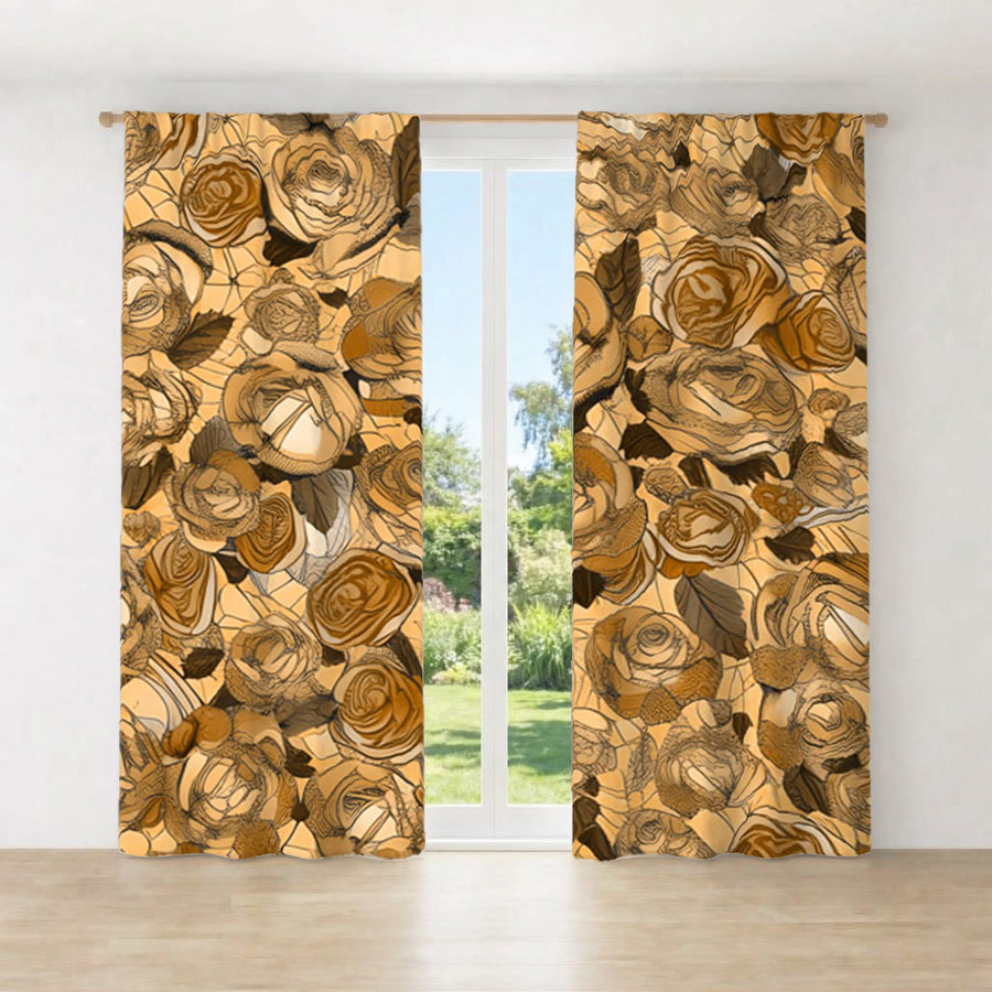 Gold Rose Floral Pattern Window Curtains