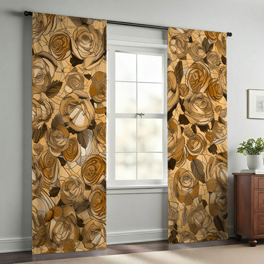 Gold Rose Floral Pattern Window Curtains