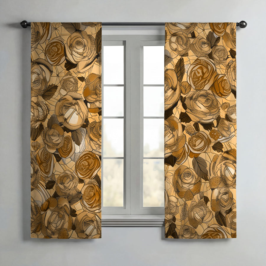 Gold Rose Floral Pattern Window Curtains