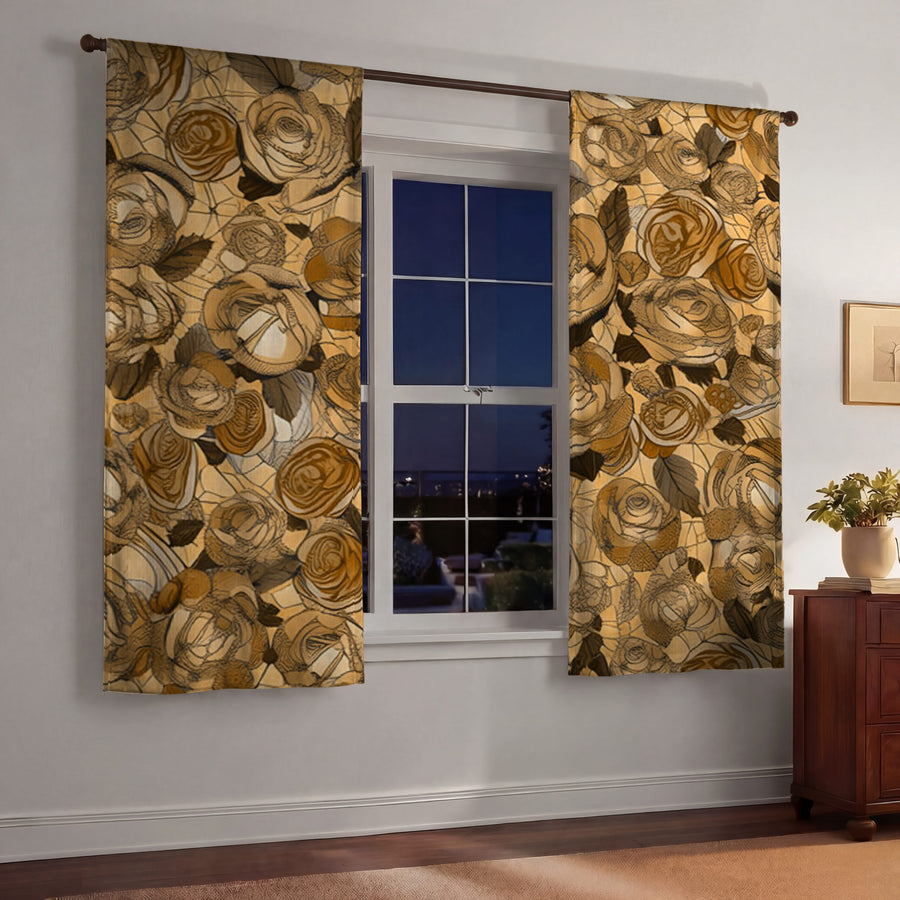 Gold Rose Floral Pattern Window Curtains