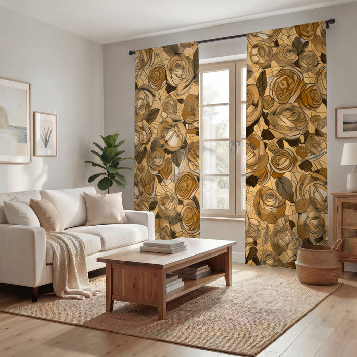Gold Rose Floral Pattern Window Curtains