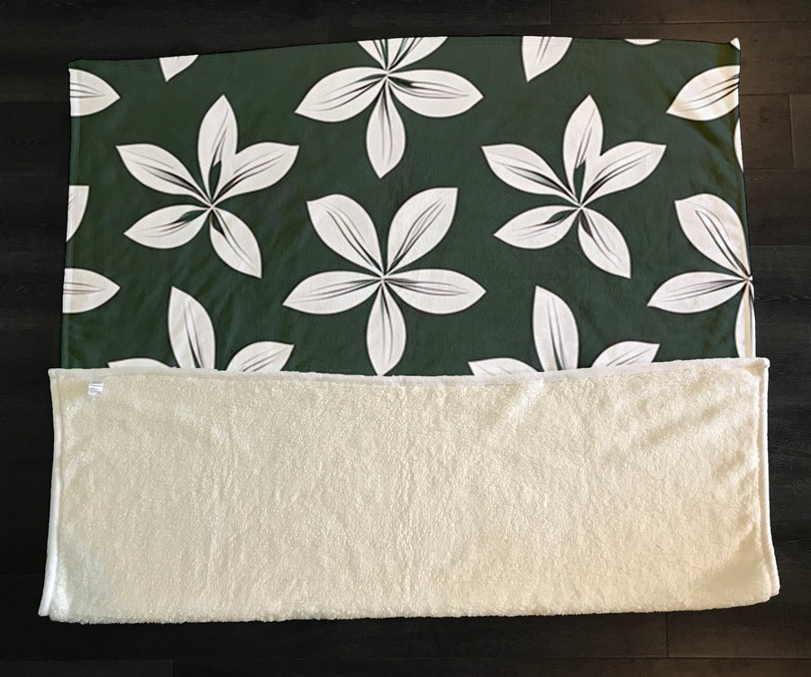 Green Floral Botanical Pattern Fleece Sherpa Blanket