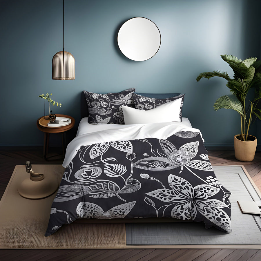 Gray Floral Botanical Illustration Pattern Duvet Cover