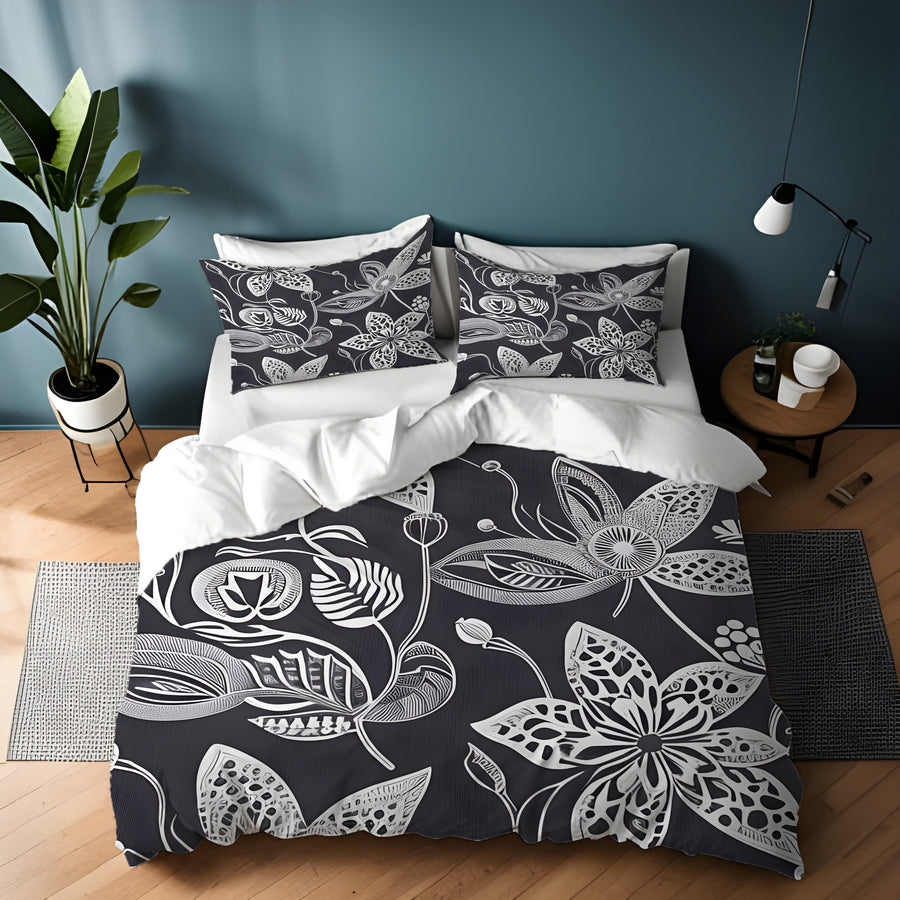 Gray Floral Botanical Illustration Pattern Duvet Cover