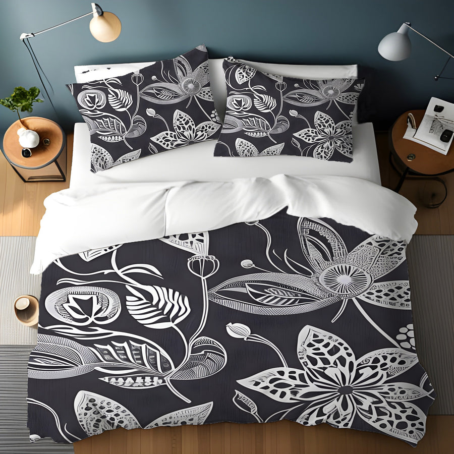Gray Floral Botanical Illustration Pattern Duvet Cover