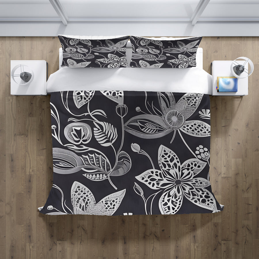 Gray Floral Botanical Illustration Pattern Duvet Cover