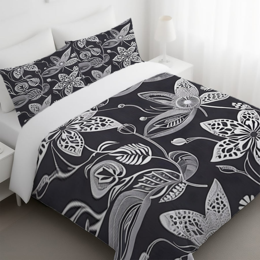 Gray Floral Botanical Illustration Pattern Duvet Cover