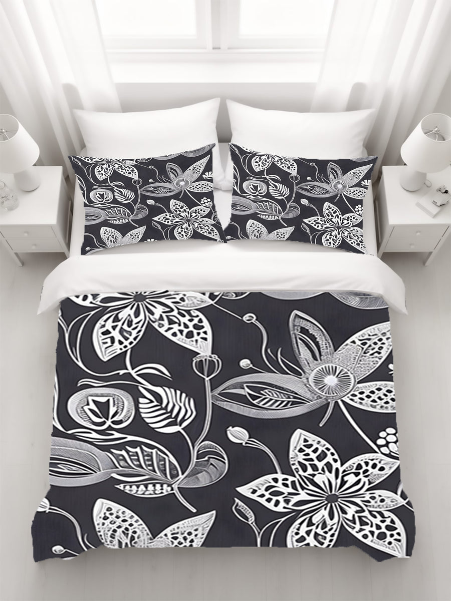 Gray Floral Botanical Illustration Pattern Duvet Cover