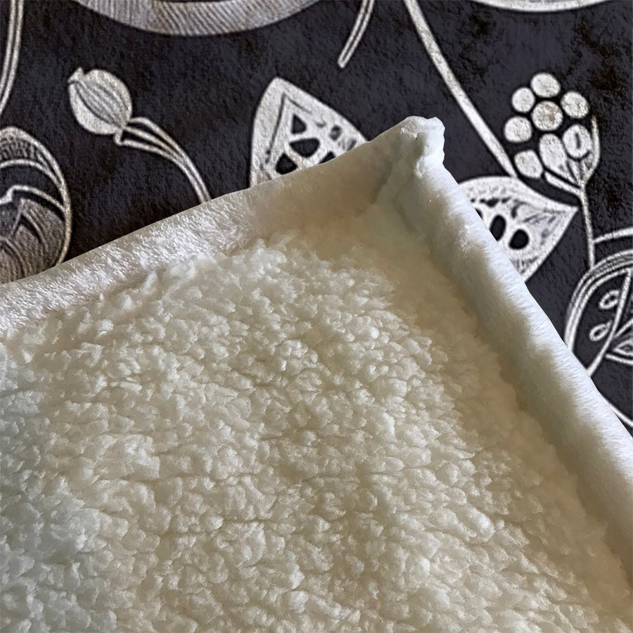 Gray Floral Botanical Illustration Pattern Fleece Sherpa Blanket