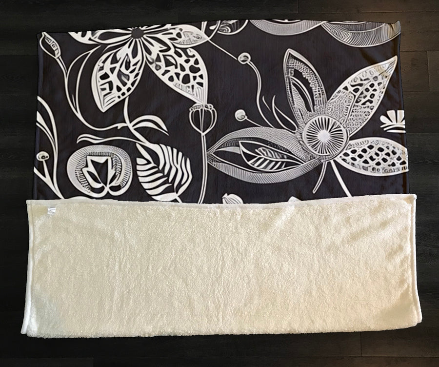 Gray Floral Botanical Illustration Pattern Fleece Sherpa Blanket