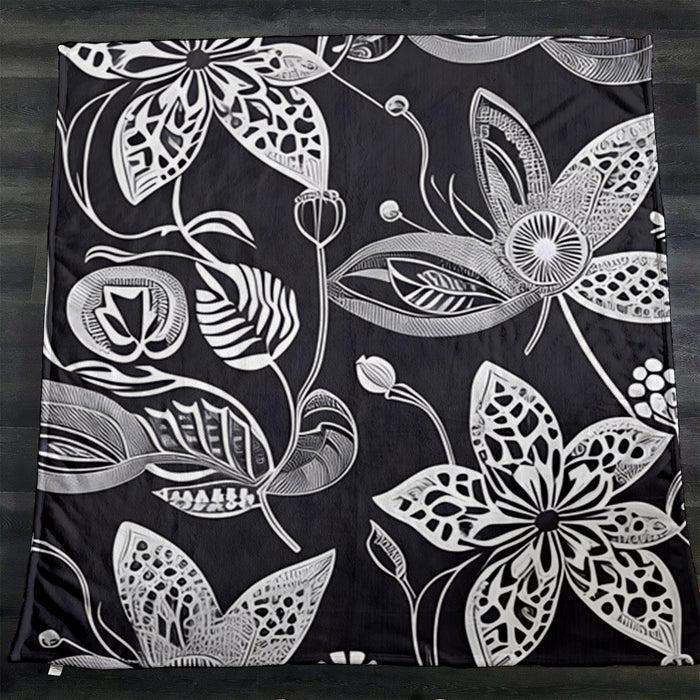 Gray Floral Botanical Illustration Pattern Fleece Sherpa Blanket