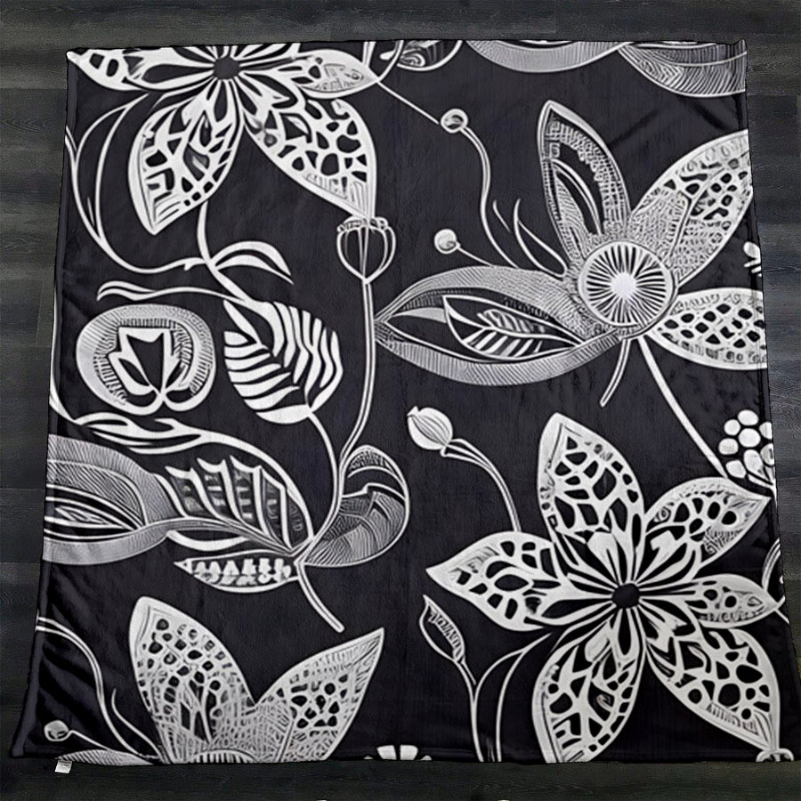 Gray Floral Botanical Illustration Pattern Fleece Sherpa Blanket