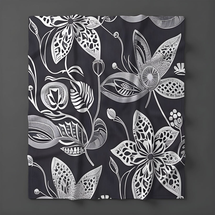 Gray Floral Botanical Illustration Pattern Fleece Sherpa Blanket
