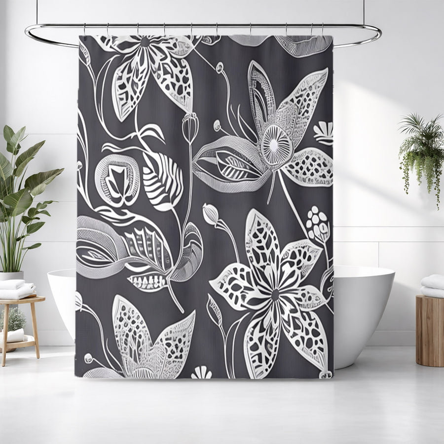 Gray Floral Botanical Illustration Pattern Shower Curtain