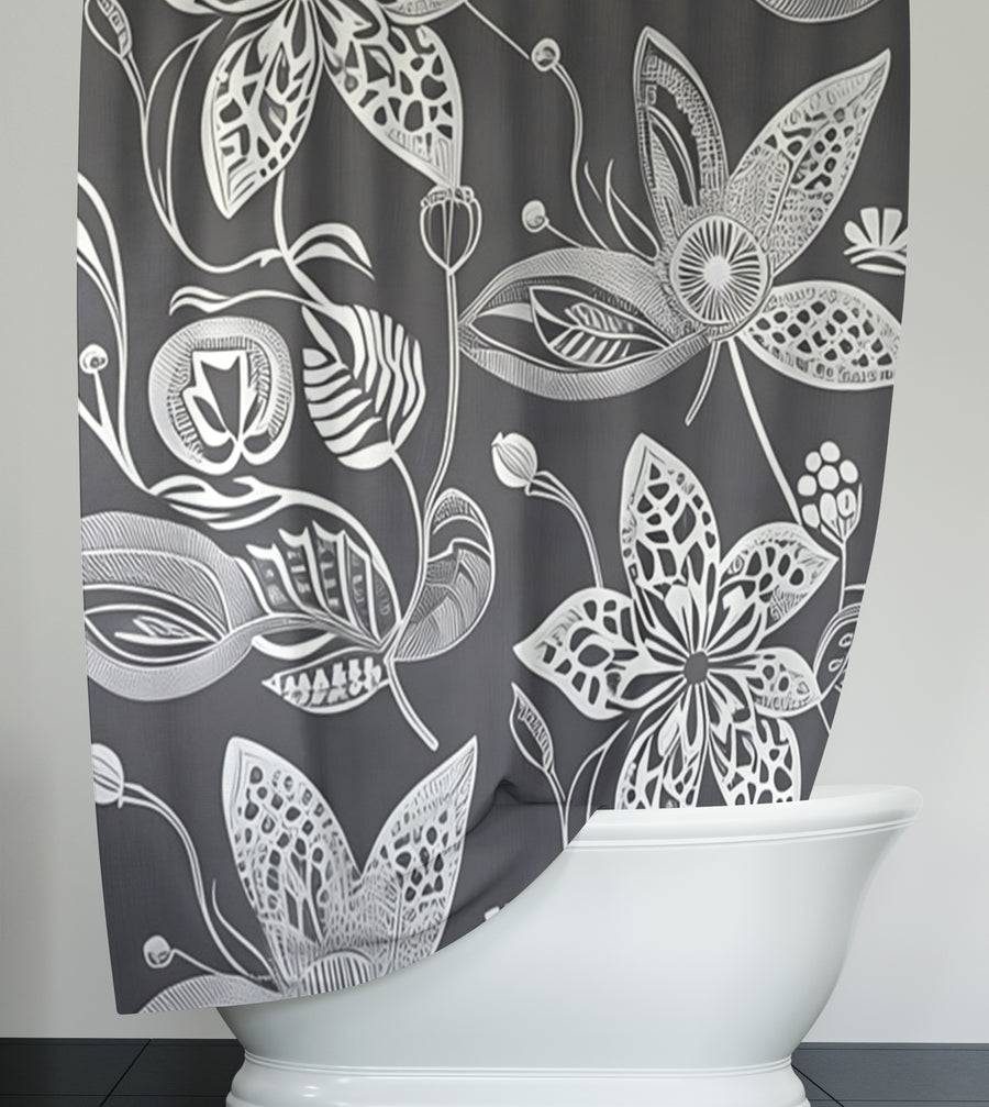 Gray Floral Botanical Illustration Pattern Shower Curtain
