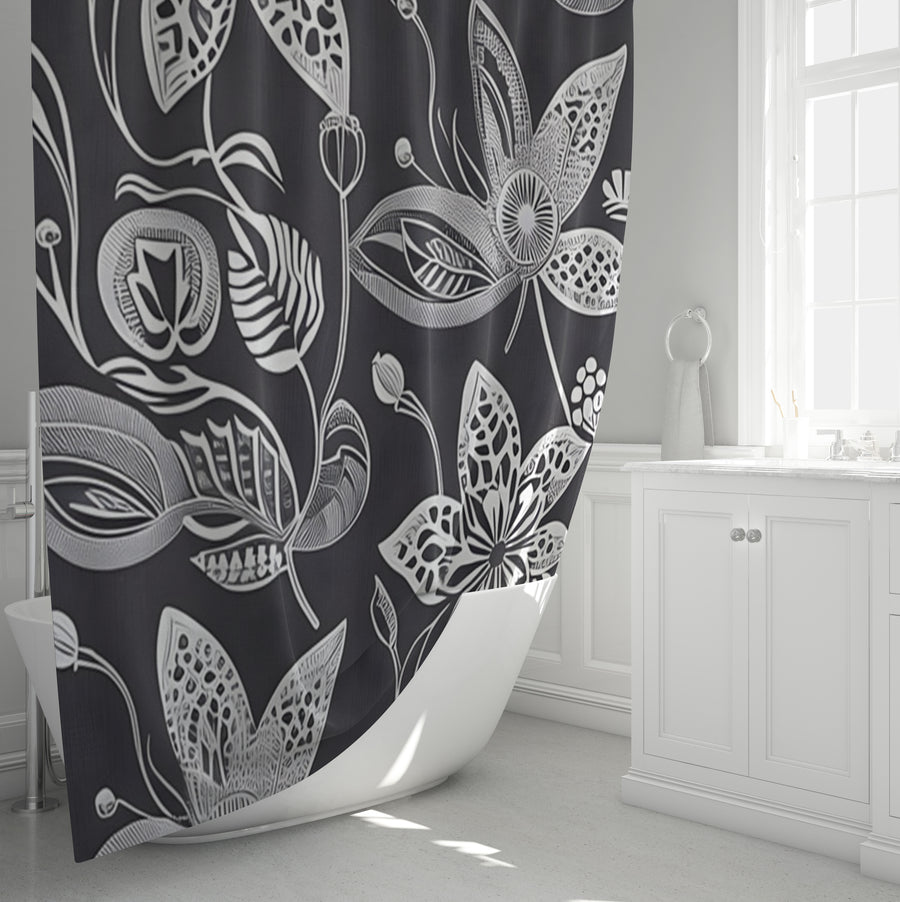 Gray Floral Botanical Illustration Pattern Shower Curtain
