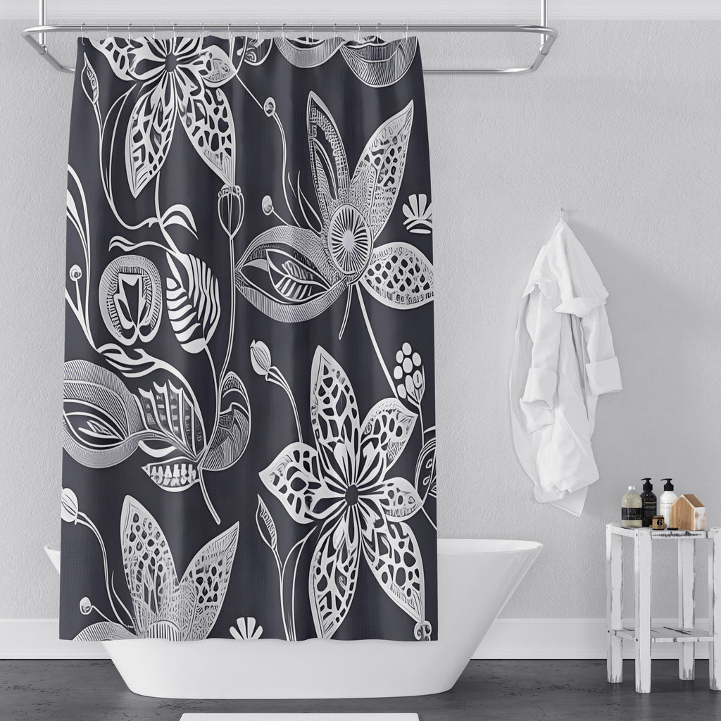 Floral Shower Curtains - Dark Gray and White Bold Print - Deja Blue Studios