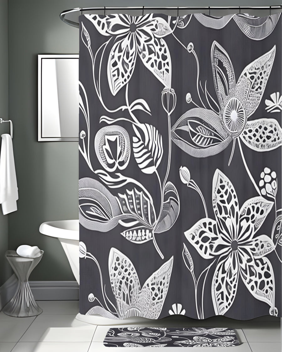 Gray Floral Botanical Illustration Pattern Shower Curtain