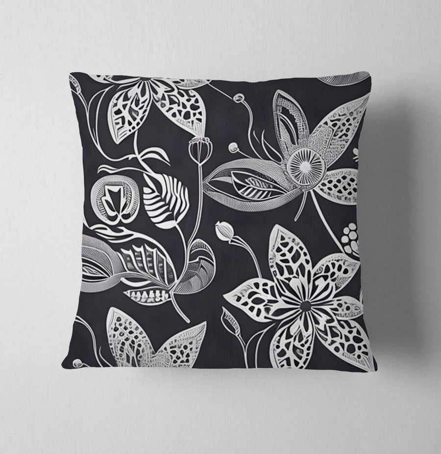 Gray Floral Botanical Illustration Pattern Throw Pillow Cover